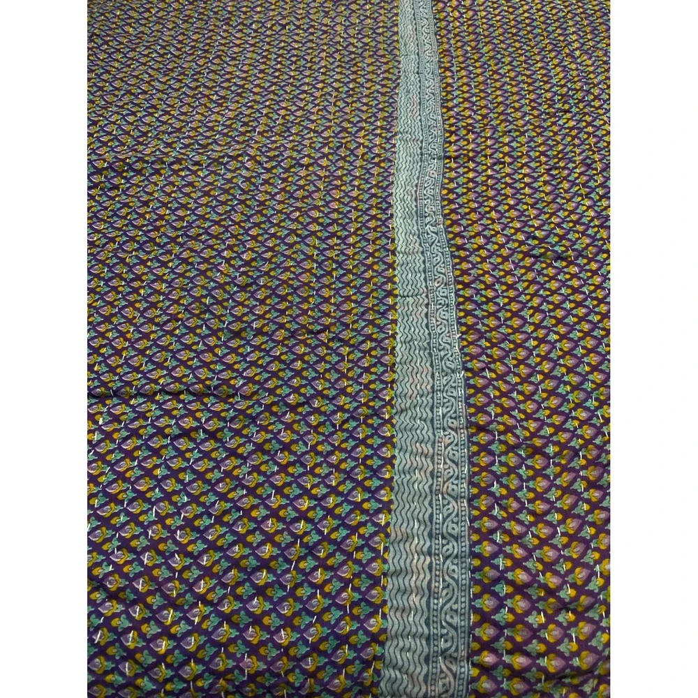 Hand Stitched Kantha Quilt Reversible 100% Cotton Throw Floral Green Blue
